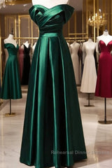 Beautiful Green Satin A-Line Off Shoulder Semi Formal Prom Dresses, Green Evening Dress Party Dresses