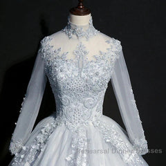 Beautiful Grey A-Line Long Sleeves With Lace Party Gown Sweet 16 Dress Semi Formal Prom Dress