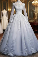 Beautiful Grey A-Line Long Sleeves With Lace Party Gown Sweet 16 Dress Semi Formal Prom Dress