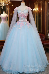 Beautiful Light Blue Butterfly Lace Ball Gown Semi Formal Prom Dresses, Sweet 16 Formal Dresses