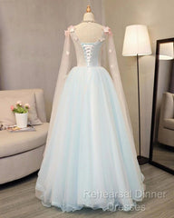 Beautiful Light Blue Long Formal Dress Party Dresses, Unique Blue Semi Formal Prom Dress Gown