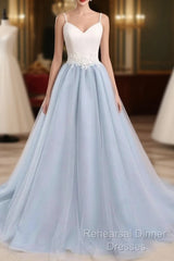 Beautiful Light Blue Tulle And White Top Long Wedding Party Gowns, Straps Junior Semi Formal Prom Dress