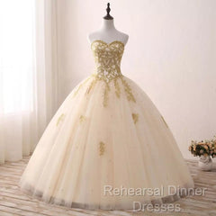 Beautiful Light Champagne Ball Gown Party Dress, Sweet 16 Dress With Gold Applique