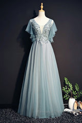 Beautiful Light Green Tulle Long Party Dress, Green Lace Low Back Semi Formal Prom Dress Evening Dress