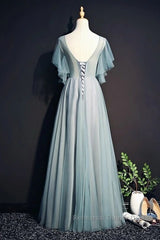 Beautiful Light Green Tulle Long Party Dress, Green Lace Low Back Semi Formal Prom Dress Evening Dress