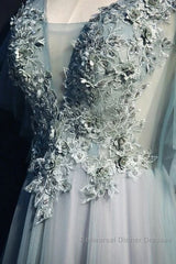 Beautiful Light Green Tulle Long Party Dress, Green Lace Low Back Semi Formal Prom Dress Evening Dress
