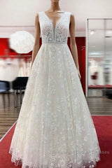 Beautiful Long A-Line Lace Appliques Tulle Open Back Wedding Dress