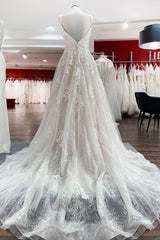 Beautiful Long A-line Tulle Lace V Neck Open Back Wedding Dress