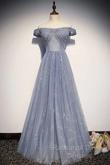 Beautiful Long Strapless Blue Tulle Beaded Long, A Line Off Shoulder Semi Formal Prom Dress