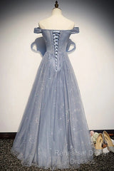 Beautiful Long Strapless Blue Tulle Beaded Long, A Line Off Shoulder Semi Formal Prom Dress