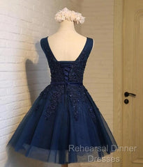 Beautiful Navy Blue Knee Length Homecoming Dresses, V-Neckline Short Formal Dresses