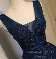 Beautiful Navy Blue Knee Length Homecoming Dresses, V-Neckline Short Formal Dresses