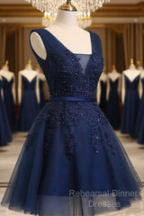 Beautiful Navy Blue Knee Length Homecoming Dresses, V-Neckline Short Formal Dresses