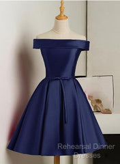 Beautiful Navy Blue Satin Knee Length Homecoming Dress, Blue Short Semi Formal Prom Dress