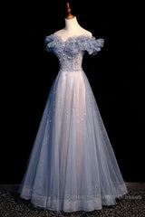 Beautiful Off Shoulder Puffy Sleeves Beaded Party Dress Semi Formal Prom Dress, Blue Evening Gown