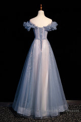 Beautiful Off Shoulder Puffy Sleeves Beaded Party Dress Semi Formal Prom Dress, Blue Evening Gown