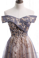 Beautiful Off Shoulder Tulle With Lace Long Evening Gown, Floor Length Semi Formal Prom Dresses