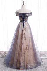 Beautiful Off Shoulder Tulle With Lace Long Evening Gown, Floor Length Semi Formal Prom Dresses