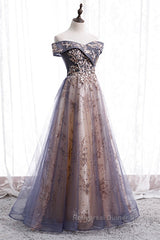 Beautiful Off Shoulder Tulle With Lace Long Evening Gown, Floor Length Semi Formal Prom Dresses