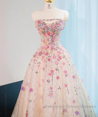 Beautiful Pink Beaded Flowers A-Line Strapless Long Semi Formal Prom Dress Gorgeous Formal Evening Dress