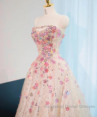 Beautiful Pink Beaded Flowers A-Line Strapless Long Semi Formal Prom Dress Gorgeous Formal Evening Dress