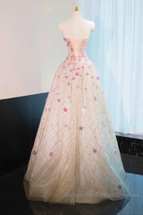 Beautiful Pink Beaded Flowers A-Line Strapless Long Semi Formal Prom Dress Gorgeous Formal Evening Dress