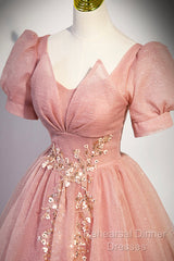 Beautiful Pink Tulle Floor Length Semi Formal Prom Dress, Cute Short Sleeve Evening Dress