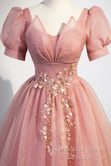 Beautiful Pink Tulle Floor Length Semi Formal Prom Dress, Cute Short Sleeve Evening Dress