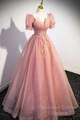 Beautiful Pink Tulle Floor Length Semi Formal Prom Dress, Cute Short Sleeve Evening Dress