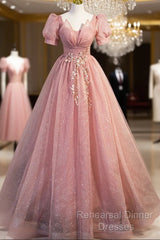 Beautiful Pink Tulle Floor Length Semi Formal Prom Dress, Cute Short Sleeve Evening Dress