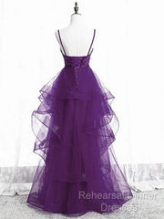 Beautiful Purple Tulle Layers With Lace Long Evening Dresses, Purple Semi Formal Prom Dress Party Dresses