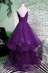 Beautiful Purple V-Neckline Straps Layers Tulle Party Gown, Purple Evening Dress