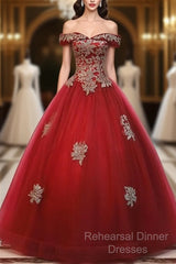 Beautiful Red Off Shoulder Long Sweet 16 Dress With Gold Lace Top, Party Dresses
