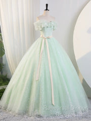 Beautiful Sage Green Tulle Floor Length Semi Formal Prom Dresses, A-Line Off The Shoulder Evening Part Dresses