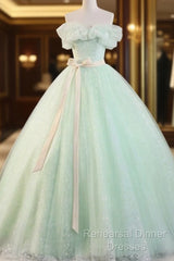 Beautiful Sage Green Tulle Floor Length Semi Formal Prom Dresses, A-Line Off The Shoulder Evening Part Dresses