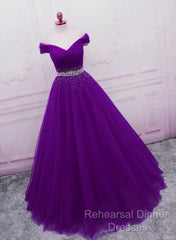 Beautiful Sequins Sweetheart Long Party Dress, Purple Tulle Evening Gown