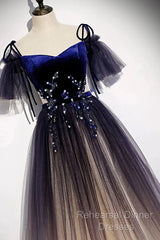 Beautiful Velvet And Gradient Tulle Long Party Dress, Straps Long Evening Gown
