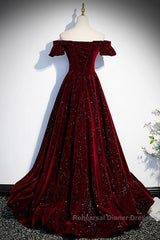 Beautiful Wine Red Off Shoulder Velvet Long Party Dress, A-Line Dark Red Semi Formal Prom Dresses