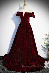 Beautiful Wine Red Off Shoulder Velvet Long Party Dress, A-Line Dark Red Semi Formal Prom Dresses