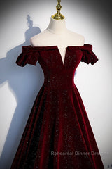 Beautiful Wine Red Off Shoulder Velvet Long Party Dress, A-Line Dark Red Semi Formal Prom Dresses