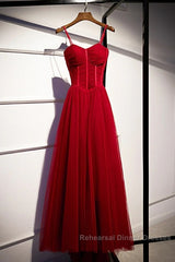 Beautiful Wine Red Tulle Long Straps Party Dress Semi Formal Prom Dress, A-Line Dark Red Formal Gown