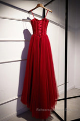 Beautiful Wine Red Tulle Long Straps Party Dress Semi Formal Prom Dress, A-Line Dark Red Formal Gown