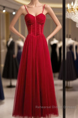 Beautiful Wine Red Tulle Long Straps Party Dress Semi Formal Prom Dress, A-Line Dark Red Formal Gown
