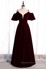 Beautiful Wine Red Velvet Off Shoulder Floor Length Party Dress, Velvet Junior Semi Formal Prom Dress