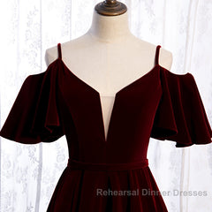 Beautiful Wine Red Velvet Off Shoulder Floor Length Party Dress, Velvet Junior Semi Formal Prom Dress