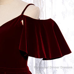 Beautiful Wine Red Velvet Off Shoulder Floor Length Party Dress, Velvet Junior Semi Formal Prom Dress