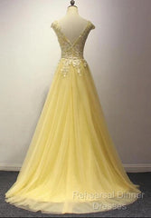 Beautiful Yellow Long Semi Formal Prom Dress, A-Line Round Neckline Formal Dress