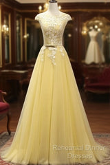Beautiful Yellow Long Semi Formal Prom Dress, A-Line Round Neckline Formal Dress