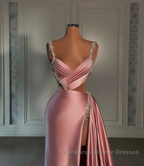 Glamorous Pink Semi Formal Prom Dresses Sweetheart Spaghetti Strap With High Slit Trail