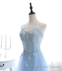 Light Blue Tulle Lace Long Semi Formal Prom Dress, Semi Formal Prom Dress